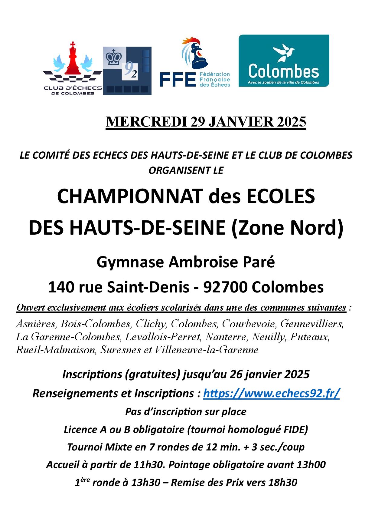 Affiche du Championnat des écoles, zone Nord, du 29 janvier 2025 à Colombes