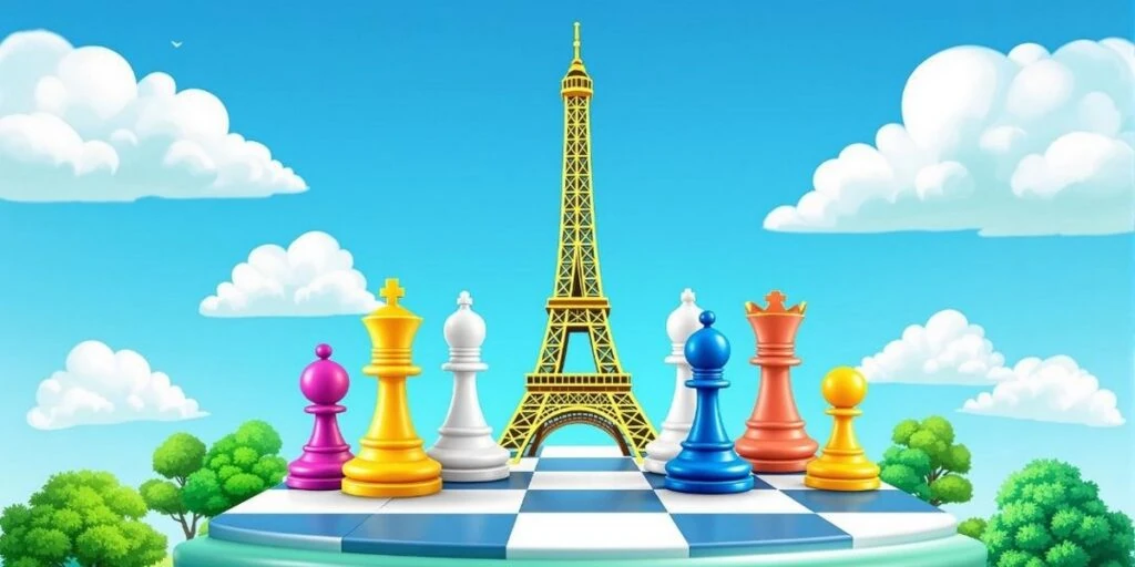 Illustration des Critériums de la Ligue Île-de-France, avec des pièces d’échecs devant la tour Eiffel.