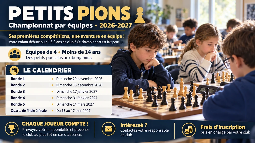 Affiche officielle des Petits Pions 2026–2027 présentant le championnat par équipes jeunes et ses dates.